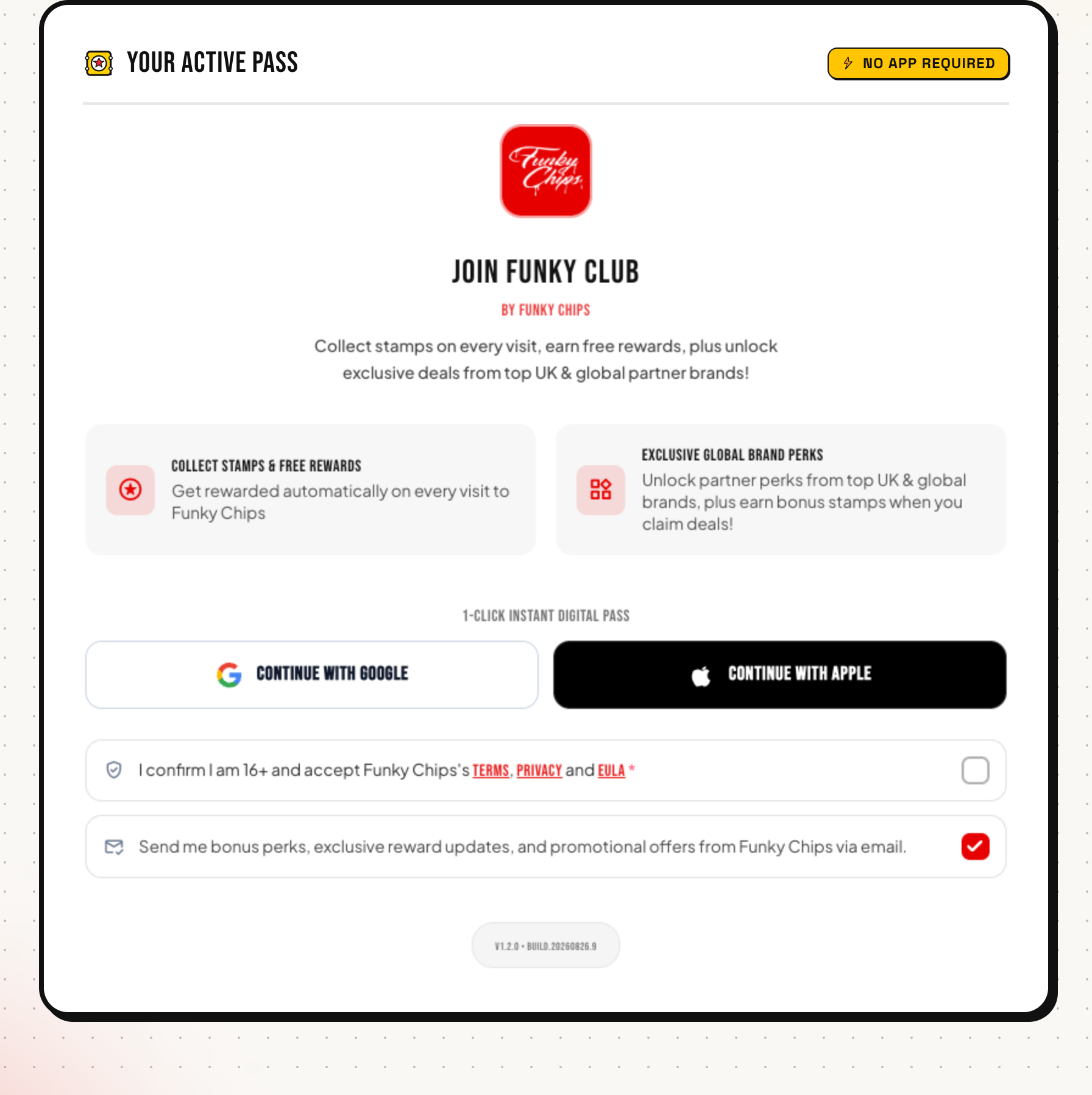 Funky Club Web-Native 1-Click Social Sign-In Loyalty Pass