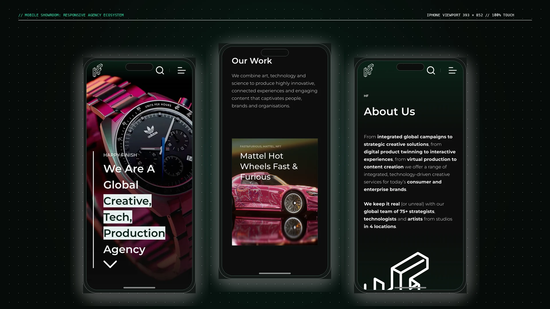 Happy Finish Triple Mobile Viewport: Brand Hero, Multidisciplinary Portfolio Discovery, and Studio Scale