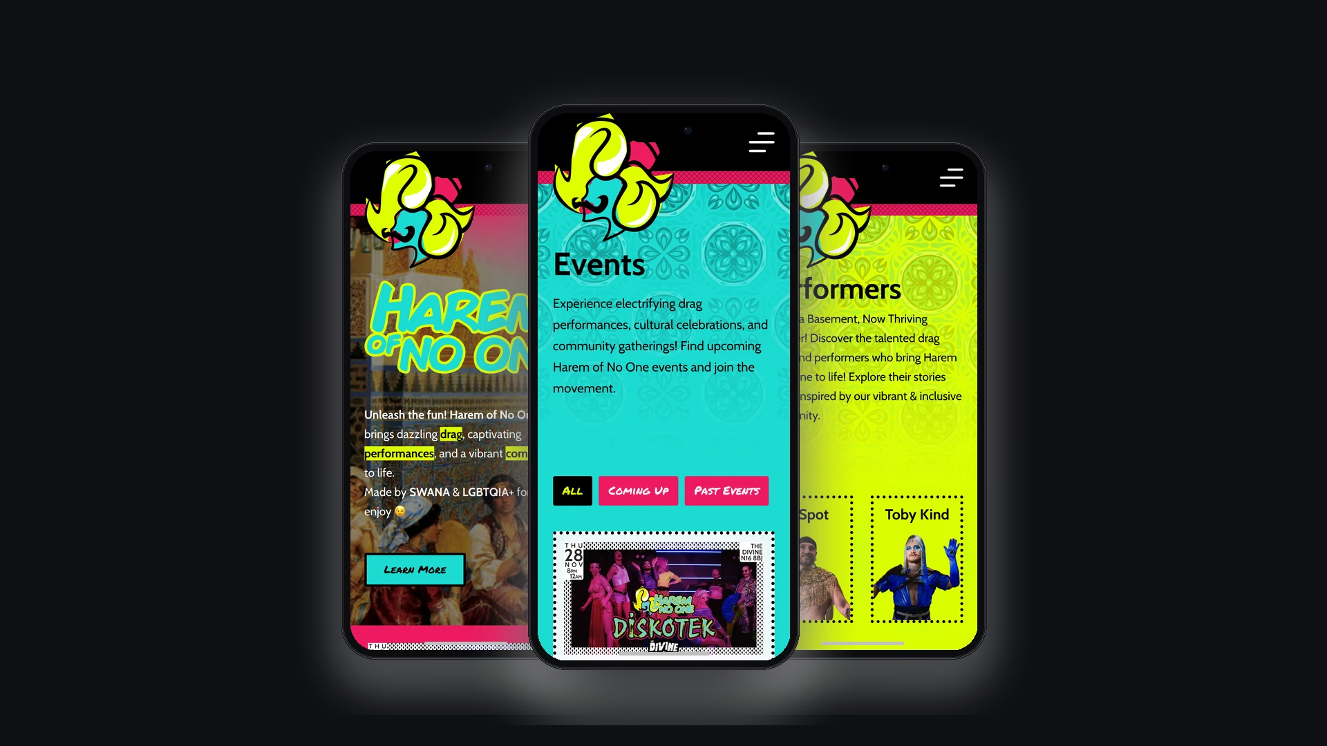 Harem of No One Triple Mobile Viewport: Brand Hero, OutSavvy Event Ticketing, and Community Performer Roster